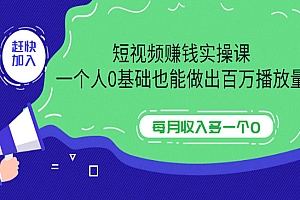 短视频赚钱实操课,一个人0基础也能做出百万播放量,每月收入多一个0