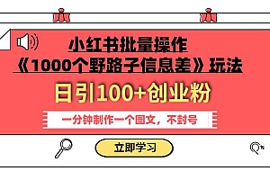小红书批量操作《1000个野路子信息差》玩法 日引100 创业粉 一分钟一个图文