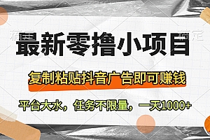 最新零撸小项目,复制粘贴抖音广告即可赚钱,平台大水,任务不限量,一天1000+