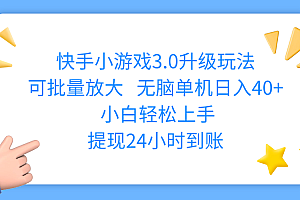 快手小游戏3.0升级玩法,可批量放大,无脑单机日入40+,小白轻松上手,提现24小时到账