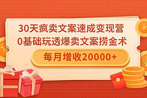 30天疯卖文案速成变现营,0基础玩透爆卖文案捞金术!每月增收20000+