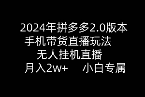 2024年拼多多2.0版本,手机带货直播玩法,无人挂机直播, 月入2w+, 小…